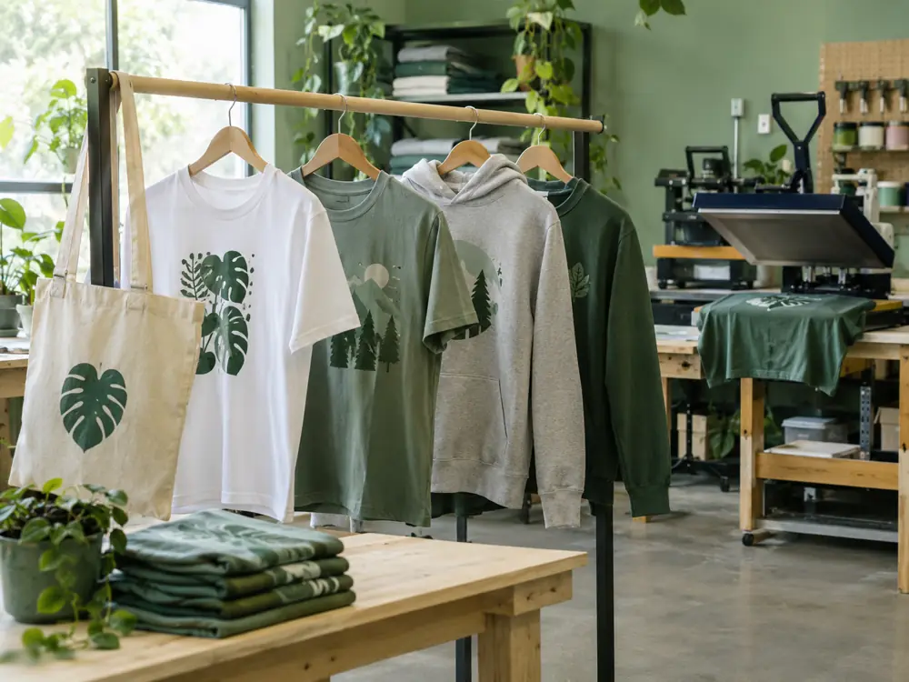 T-shirt, felpe e shopper personalizzate appese in laboratorio